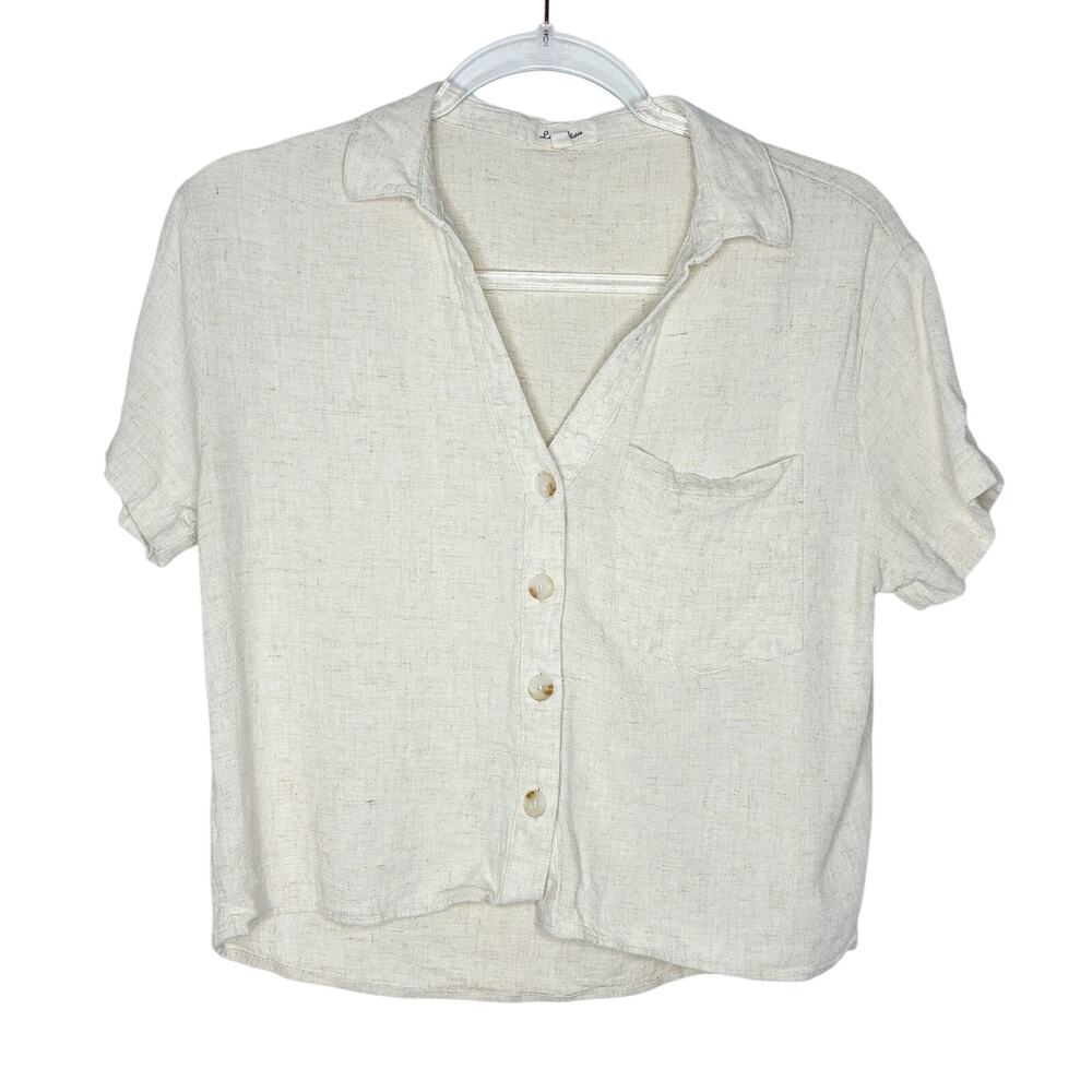 Love Notes Beige Rayon Linen Blend Button Up Shirt Short Sleeve Womens Medium